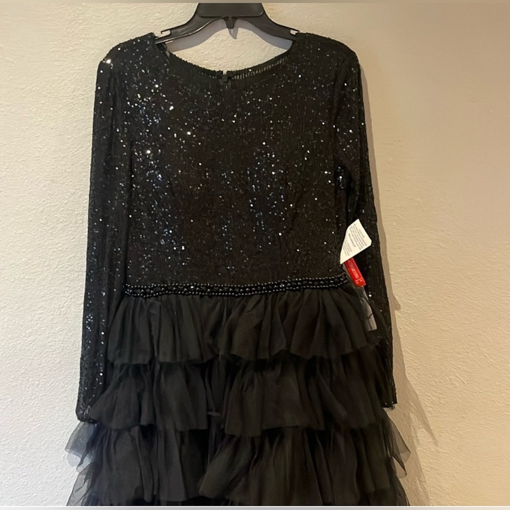 NWT MAC DUGGAL LONG SLEEVED RUFFLE TIERED MIDI DRESS BLACK  26299 - Picture 7 of 14